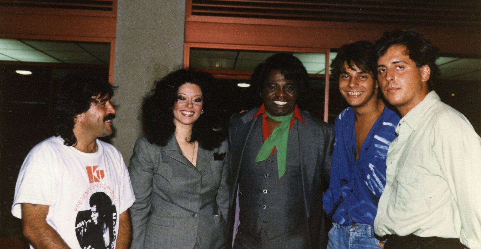 James Brown at Ibiza airport, taken by Gerardo. Left to right: Salus, Adrienne Rodriguez, JB, Argentinian brothers 